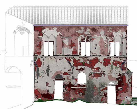 Façade drawing with the decay analysis: damage patterns mapped in colour, mostly in red