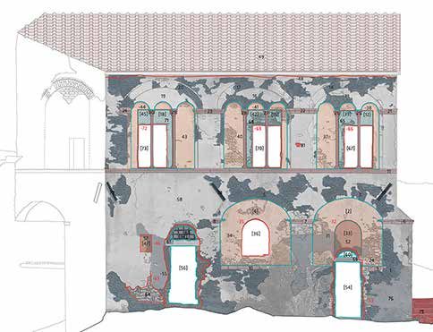 Façade drawing with the stratigraphic analysis: construction phases and plaster layers marked in colour and numbered