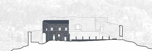 Elevation before: the existing fortress with Palazzo Guinigi (highlighted in dark grey) and the ruined walls on the hill