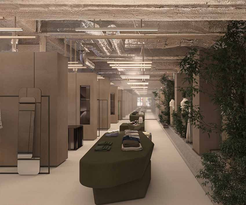 Render: un corridoio tra cubi in legno con piante