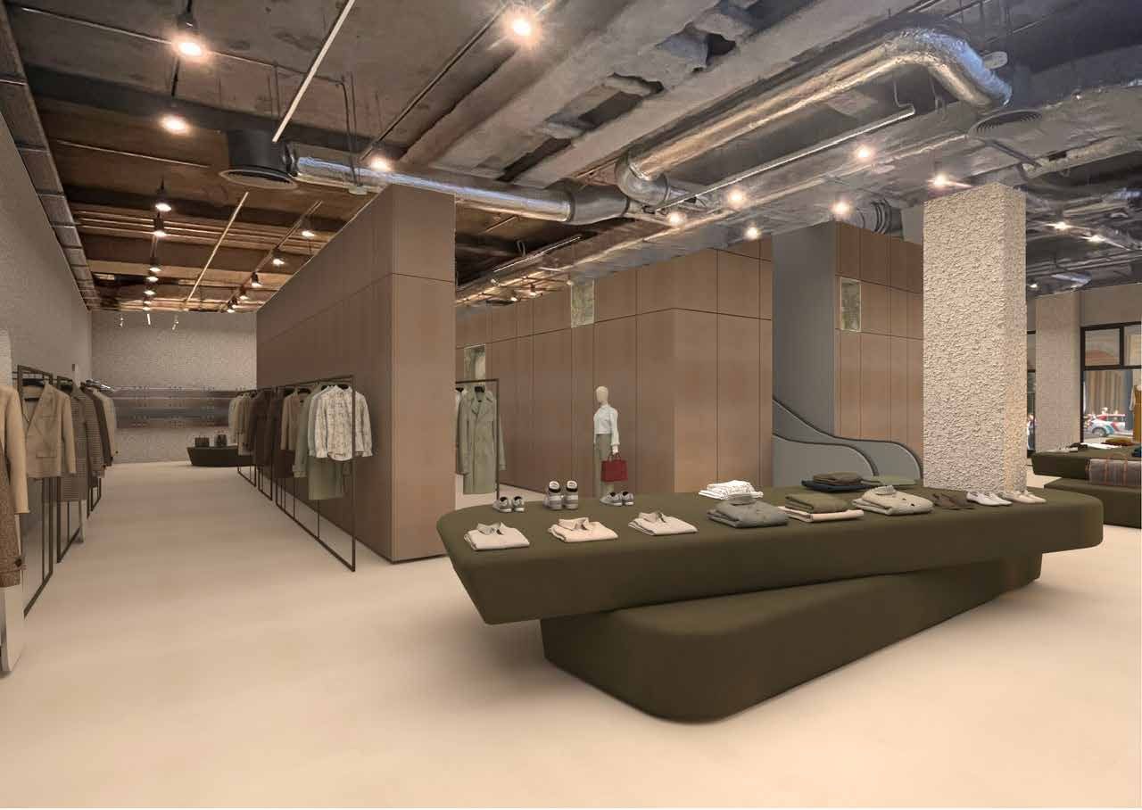 Render: area vendita con cubi in legno e un tavolo espositivo verde oliva