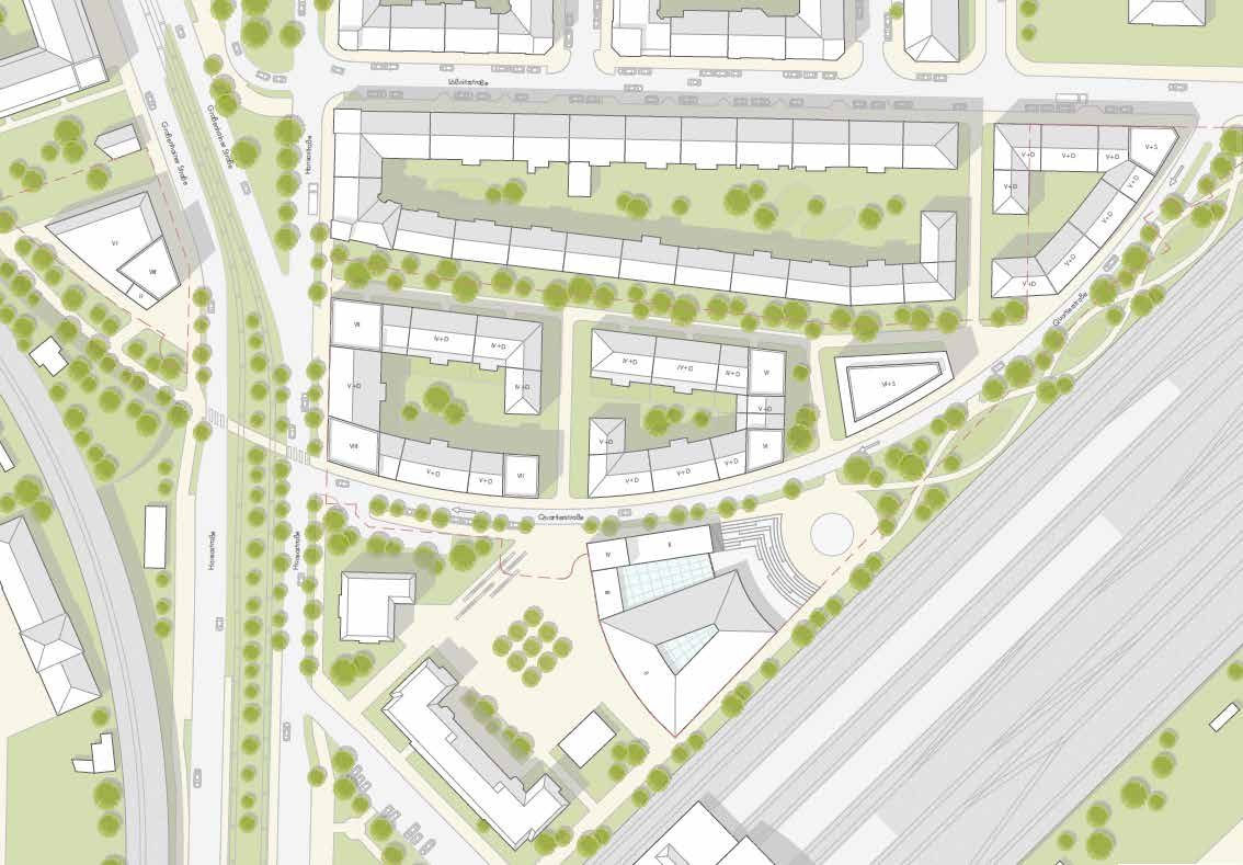 Site plan of the Bogenviertel: new blocks along the curving neighbourhood street on the former railway curve, with the railway tracks on the right