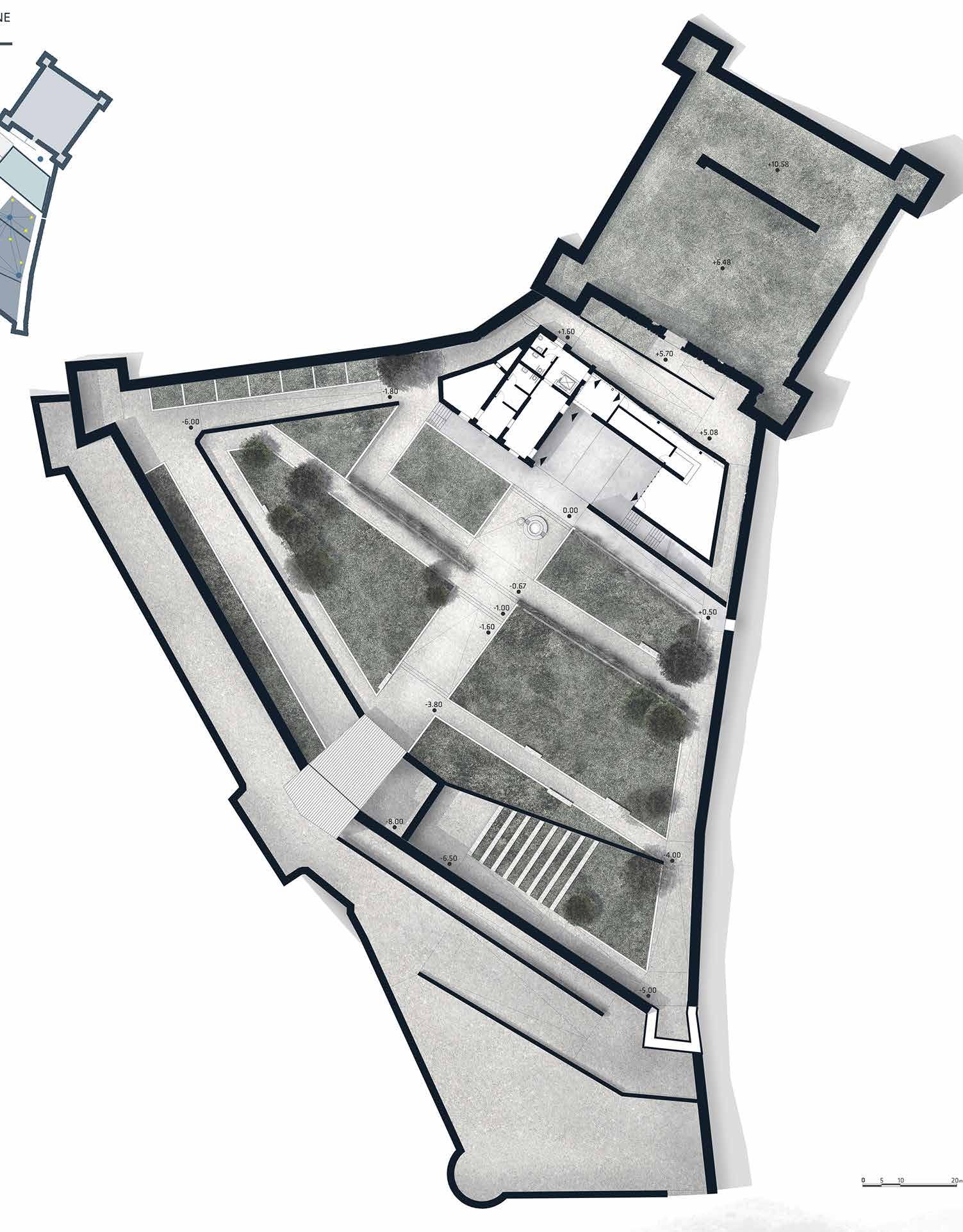 New site plan of the fortress of Pietrasanta: a triangular complex with bastions, garden beds, paths and stairs, at the top Palazzo Guinigi with the new museum wing
