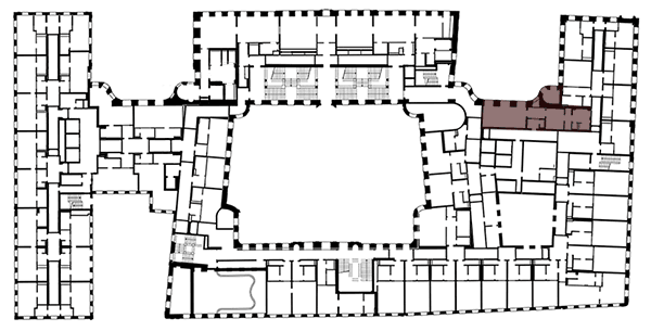 Floor plan of the Taschenbergpalais with the location of a bridal suite highlighted in colour