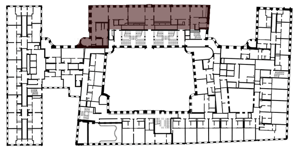 Floor plan of the Taschenbergpalais with the location of the Royal Suite highlighted in colour