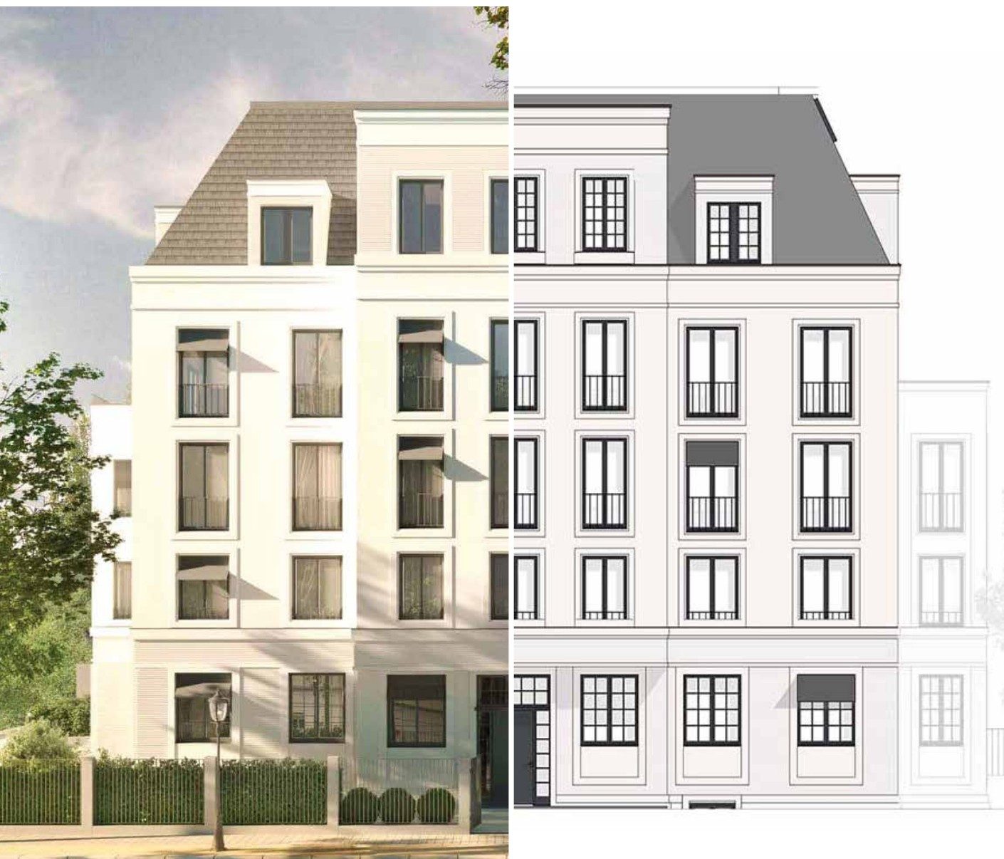 Facciata su strada della villa plurifamiliare Therese, divisa verticalmente: a sinistra il render con tetto a mansarda e giardino antistante, a destra il prospetto disegnato