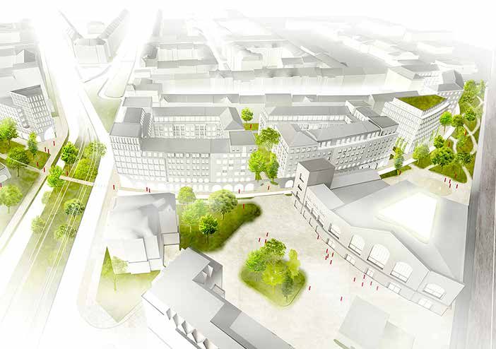 Bird’s-eye rendering of the Bogenviertel: light-coloured blocks around a square with clusters of trees