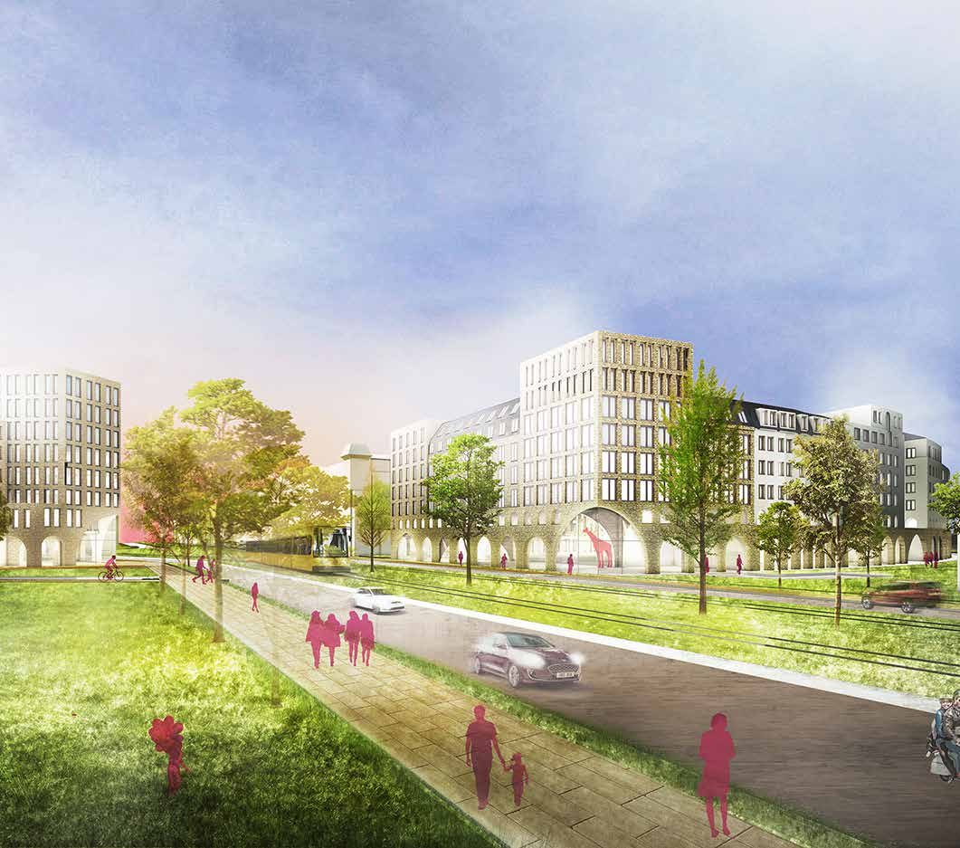 Render del Bogenviertel: la strada con il tram e una fascia verde, sullo sfondo i nuovi blocchi con portici al piano terra