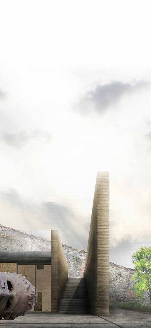 Rendering: two tall, narrow walls of fair-faced masonry frame a staircase, on the left the glazed new exhibition building and a large head sculpture, behind them the old fortress wall