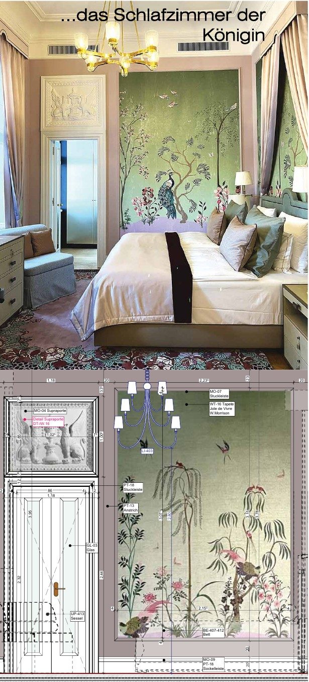 …the Queen’s bedroom: above, the finished room with green mural wallpaper of a peacock and blossoms behind the bed; below, the same wall as an elevation in the construction drawings with dimensions and material codes