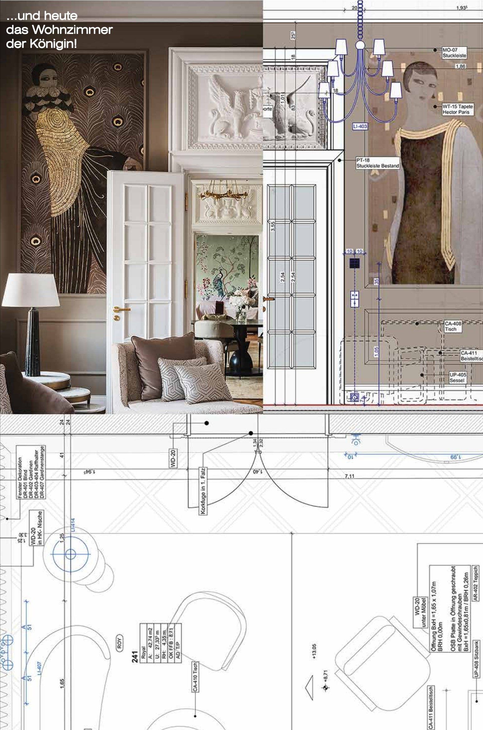 …and today, the Queen’s living room! A wall with a white double door and a stucco overdoor, on the left as a photo of the finished room with an Art Deco mural, on the right as an elevation from the construction drawings with material and furniture codes; below, a detail of the floor plan with the furniture layout