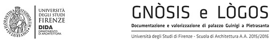 Title page of the master’s thesis: seal of the Università degli Studi di Firenze, DIDA Dipartimento di Architettura, title “Gnòsis e Lògos — Documentazione e valorizzazione di palazzo Guinigi a Pietrasanta”, Scuola di Architettura, academic year 2015/2016